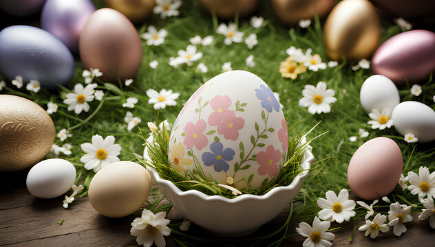 Easter egg painted with coloured flowers 
