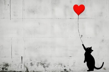 Cat reaching for red heart balloon, bansky style,big copy space