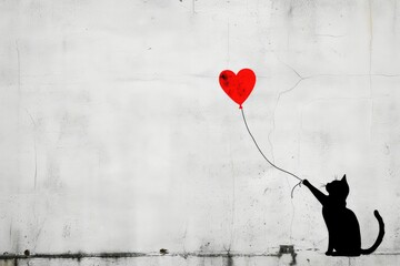 Cat reaching for red heart balloon, bansky style,big copy space