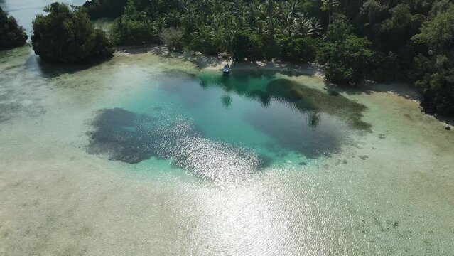 aerial shoot, flight over colourful lagoon with Turquoise water, sand beach and palm trees in Raja Ampat Indonesia