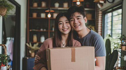 Asian young happy new marriage couple moving to new house together. Attractive romantic man and woman holding box parcel and suitcase with happiness and love. Family-Moving house relocation - obrazy, fototapety, plakaty