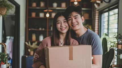 Foto op Canvas Asian young happy new marriage couple moving to new house together. Attractive romantic man and woman holding box parcel and suitcase with happiness and love. Family-Moving house relocation © Sasint