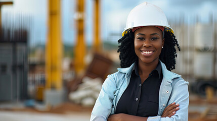 Engineer black woman standing on a construction site for portraits in a happy mood. - obrazy, fototapety, plakaty
