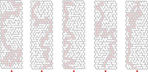 Batch of 5 vertical long lenght rectangular labyrinths. Set of stretched mazes with solutions. Black and white riddles collection. Brainstorm puzzle for books, print, family activity