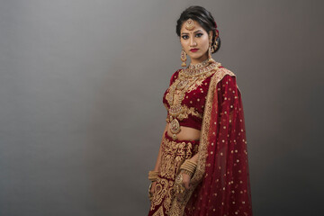 Young Indian female in ethnic Indian wear celebrating festival of Diwali. Indian female with bridal...