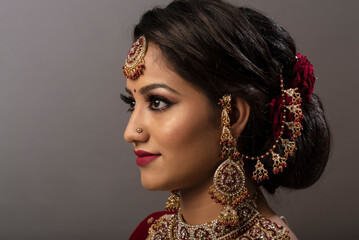 Young Indian female in ethnic Indian wear celebrating festival of Diwali. Indian female with bridal...