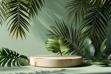 Wooden podium for product presentation with tropical leaves on green background