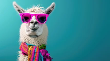 Zelfklevend Fotobehang A stylized llama with a quirky expression, wearing pink sunglasses and a colorful scarf, set against a teal background © PhilipSebastian