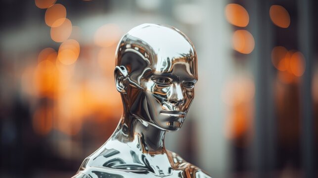 A metal head, a statue. The monument. Contemporary art. Head in profile.