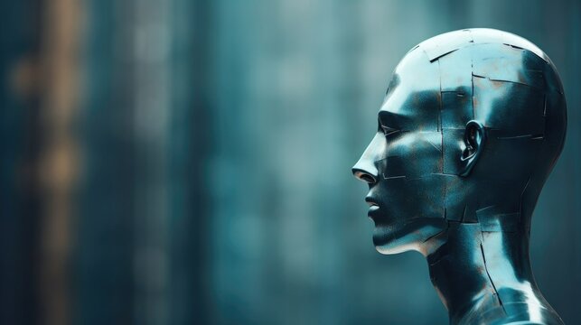 A metal head, a statue. The monument. Contemporary art. Head in profile.