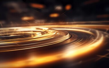 Abstract technology futuristic neon circle glowing silver, gold and brown light lines with speed motion blur effect on background. generative ai