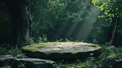Flat stone podium in the magical forest , empty round stand background