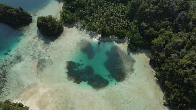 aerial shoot, flight over colourful lagoon with Turquoise water, sand beach and palm trees in Raja Ampat Indonesia