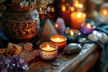 reiki crystals altar. Creating sacred meditaion space with good vibes for home, relaxation and mental health - obrazy, fototapety, plakaty