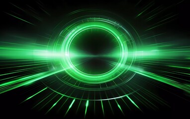 Abstract technology futuristic neon circle glowing silver and light green light lines with speed motion blur effect on background. generative ai
