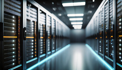 server room data center with rows of server racks for digital data storage - obrazy, fototapety, plakaty