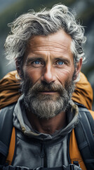Obraz premium Close-up of a mid aged man hiking in the mountains during summer. Landscape hiking shot. Hiking advertisement and hiking vacation tourism concept