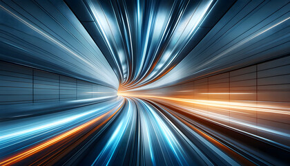 A digital tunnel with streaks of light conveying speed or traveling through a digital space - obrazy, fototapety, plakaty