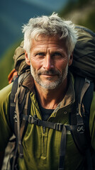 Obraz premium Close-up of a mid aged man hiking in the mountains during summer. Landscape hiking shot. Hiking advertisement and hiking vacation tourism concept