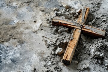 Christian cross and ash as symbol of religion, sacrifice, redemption of Jesus Christ. Ash Wednesday concept