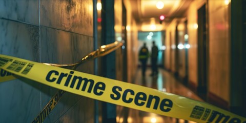crime scene tape with blurred forensic law enforcement background in cinematic tone and copy space - obrazy, fototapety, plakaty