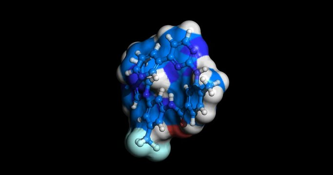 Nilotinib, anticancer drug for treating Chronic Myeloid Leukemia (CML), 3D molecule spinning on Y-axis, 4K
