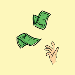 Problems with finances and no money concept. Young stressed man cartoon trying to catch money flying out of pocket vector illustration