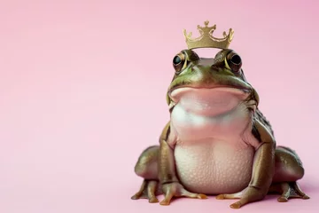 Foto op Aluminium Green frog with the golden crown on the pastel background. 29 february leap year day concept © netrun78