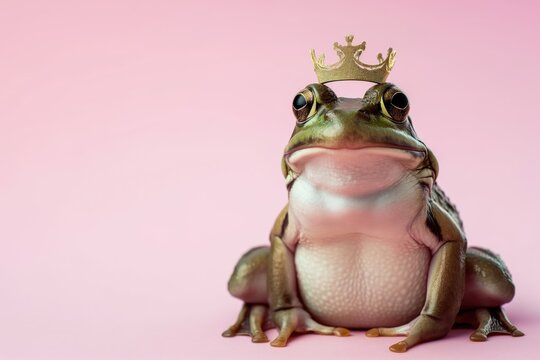 Green frog with the golden crown on the pastel background. 29 february leap year day concept
