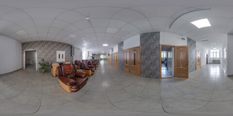 360 panorama empty corridor with doors for room with sofas. seamless spherical 360 hdri panorama in...