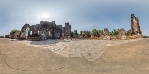 full spherical hdri 360 panorama near stone abandoned ruined tower of portugese church in old goa india in equirectangular projection, VR AR virtual reality content - obrazy, fototapety, plakaty