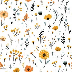 Tuinposter Seamless pattern simple yellow doodle flowers on a white background retro style . print for fabric, wrapping paper. Wood Style © Al