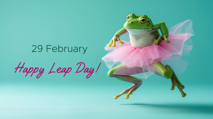 Green frog on the pastel background. 29 february leap year day concept