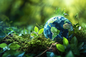 Sustainable environmental friendly goal development green business strategy global net zero carbon neutral target emission reduction aim. Generative AI - obrazy, fototapety, plakaty