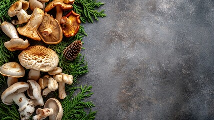 Fototapeta premium Varieties of edible mushrooms background on the table. Top view, empty space, copy space. 