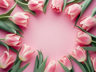 Pink tulips frame background for wishing card. birthday, anniversary, wedding, valentine, mother's day. Nature and floral background. Empty space, copy space. 