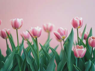 Fototapeta premium Pink tulips flowers beautiful blooming in a garden. Nature, floral background for birthday, anniversary and wedding. Copy space, empty space. 