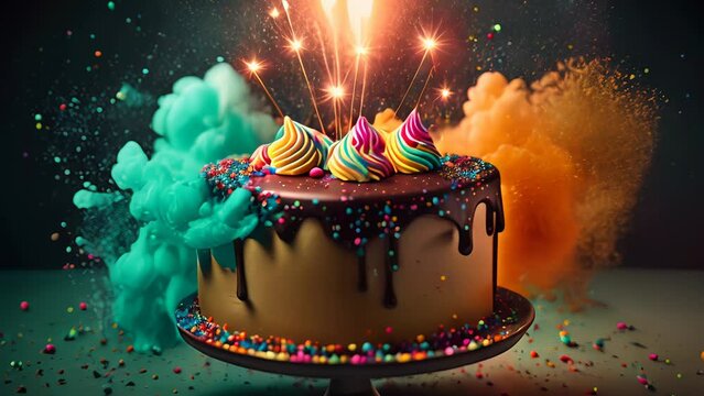 Fairy magic birthday cake on a stand decorated with a sweets, sparklers in the lights on a dark backgrounds.
