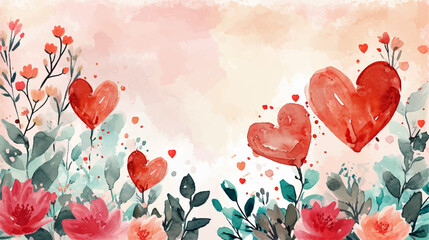 alentine's Day watercolor background with hearts and flowers. - obrazy, fototapety, plakaty