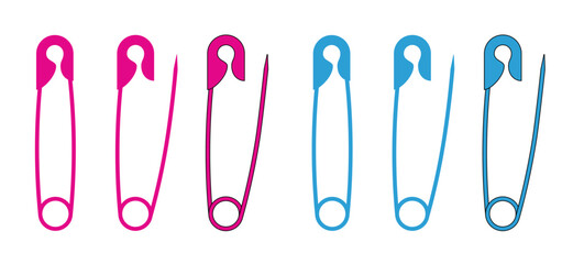 New Born. Cartoon boy girl or blue, pink baby pin. Safety pin. Opened and closed pins. pierced and clipping path sign. Vector safetypin icon. Open and close safety pins. - obrazy, fototapety, plakaty