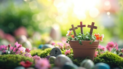 A vibrant diy Resurrection scene for Easter with wooden crosses in a terracotta pot surrounded by spring blooms and colorful eggs.