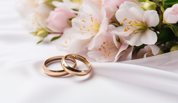 wedding rings and flowers material photo, white background created with Generative Ai