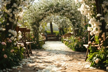 Spring wedding ceremony settings in the garden with flowers