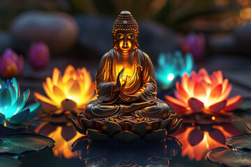 glowing golden buddha and 3d multicolored lotus flowers three-dimensional
