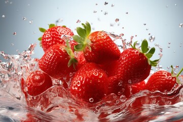 Collection of fresh Strawberry with splashing clear water on white background. Selective focus. Fresh Strawberries with water splash