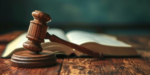 Law and justice concept. Gavel, books and scales of justice on wooden table. - obrazy, fototapety, plakaty