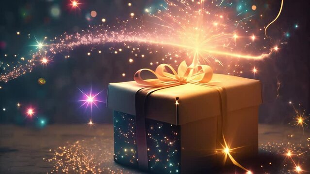 Festive gift box tied with ribbon in the lights on a birthday. Fairy magic holiday.
