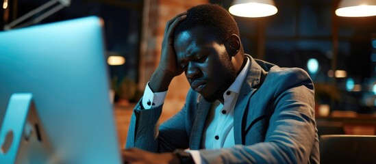 Fototapeta na wymiar Exhausted African entrepreneur feeling overwhelmed and regretful due to work-related stress and mistakes made while working late at night in the office.