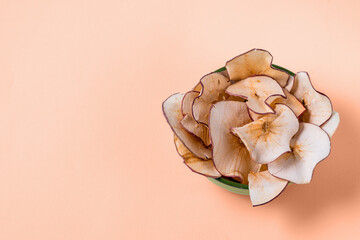 Dried apple chips in a bowl over peach fuzz color background.