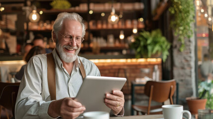 Fototapeta na wymiar Smiling mature man using tablet pc in cafe